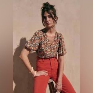 Sezane Floral V-Neck Flutter Sleeve Blouse in Multi-Color